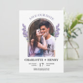 Elegantes Foto Lavender Save the Date Einladung (Stehend Vorderseite)