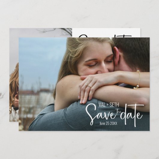 Elegantes Foto - Layout mit modernem Skript teilen Save The Date (Vorne/Hinten)