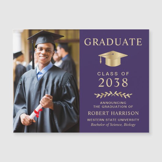 Elegantes Foto Lila Gold Abschluss Ankündigung (Vorderseite)