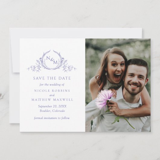 Elegantes Foto Lila Monogram Wedding Save The Date (Vorderseite)