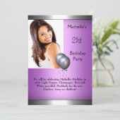 Elegantes Foto Lila Rosa Silberballon 21. Einladung (Stehend Vorderseite)