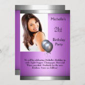 Elegantes Foto Lila Rosa Silberballon 21. Einladung (Vorne/Hinten)