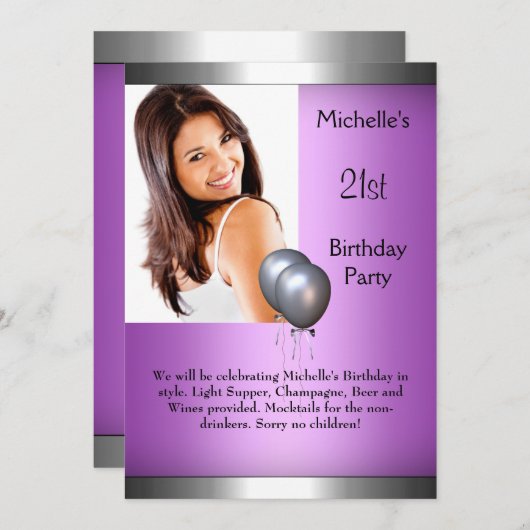 Elegantes Foto Lila Rosa Silberballon 21. Einladung (Vorne/Hinten)