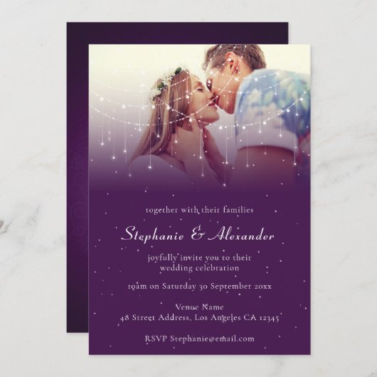 Elegantes Foto Lila String Lights Hochzeit Einladung (Vorne/Hinten)