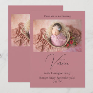 Elegantes Foto Mauve Baby Birth Announcement Card Ankündigung