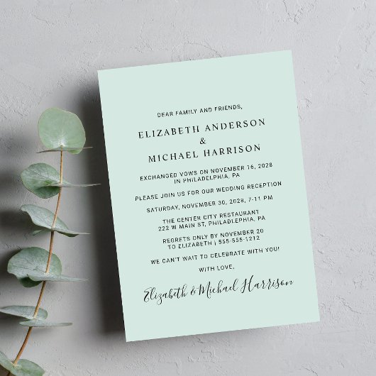 Elegantes Foto Mint Hochzeitsempfang Ankündigung