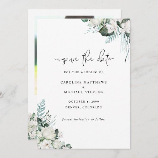 Elegantes Foto mit Blumen Save The Date (Vorne/Hinten)