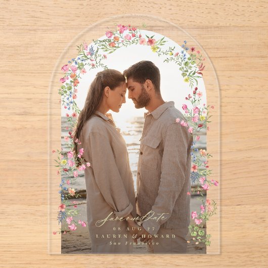 elegantes Foto mit Blumenbogen Save the Date Hochz Acryleinladungen (Vorderseite)