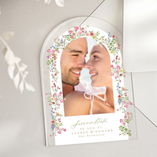 elegantes Foto mit Blumenmuster rette unsere Hochz Acryleinladungen