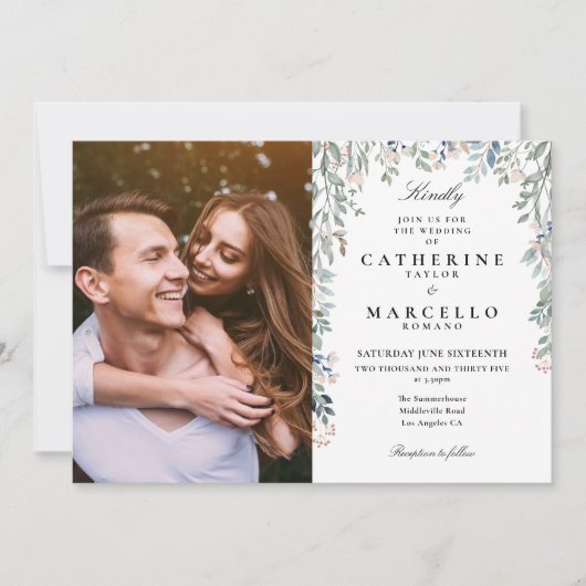 Elegantes Foto mit floralen Wildblumen Einladung (Vorderseite)