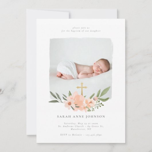 Elegantes Foto mit floraler Taufe Einladung (Vorderseite)