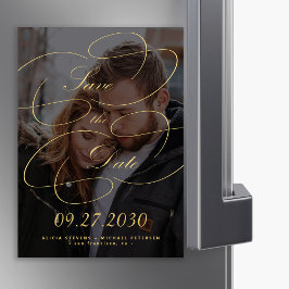 Elegantes Foto mit Goldkalligrafie - Hochzeitsterm Magneteinladung