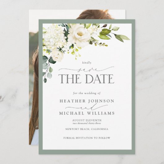 Elegantes Foto mit grauem Wasser Hochzeit Save The Date (Vorne/Hinten)