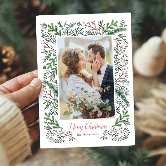 Elegantes Foto mit grünem Pinienwald Feiertagskarte