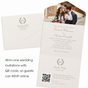 Elegantes Foto Monogram QR Grüne Creme Hochzeit All In One Einladung