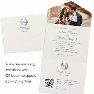 Elegantes Foto-Monogramm QR Navy Creme Hochzeit All In One Einladung