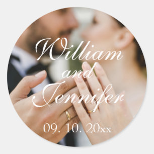 Elegantes Foto, Name und Datum Monogramm anpassen Runder Aufkleber