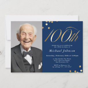 Elegantes Foto Navy Blau Gold 100. Geburtstag Einladung