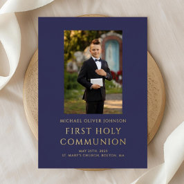 Elegantes Foto Navy Blue Boy First Communion Gold Folieneinladung