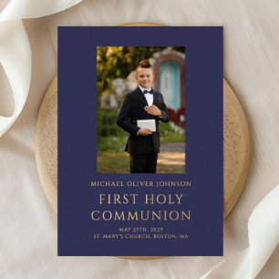 Elegantes Foto Navy Blue Boy First Communion Gold Folieneinladung