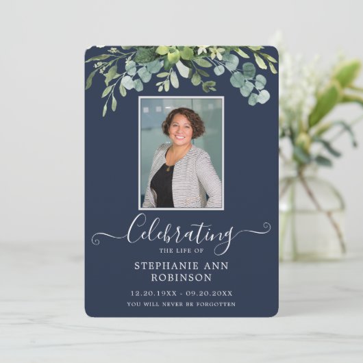 Elegantes Foto Order of Service Blue Programm (Stehend Vorderseite)