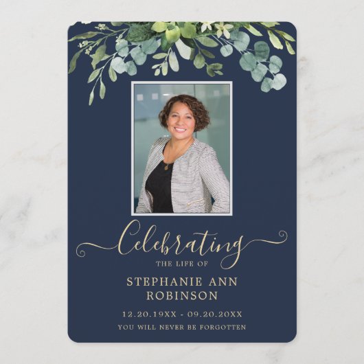 Elegantes Foto Order of Service Gold Blue Programm (Vorderseite)