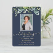 Elegantes Foto Order of Service Gold Blue Programm (Stehend Vorderseite)