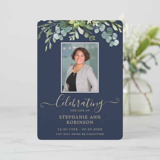 Elegantes Foto Order of Service Gold Blue Programm (Stehend Vorderseite)