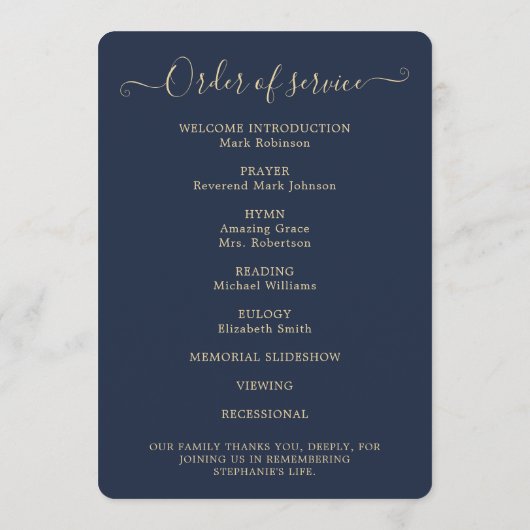 Elegantes Foto Order of Service Gold Blue Programm (Rückseite)