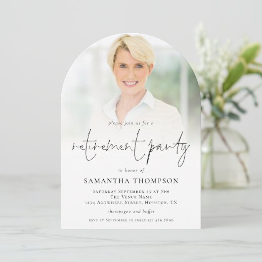 Elegantes Foto Overlay Party Arch Einladung (Stehend Vorderseite)