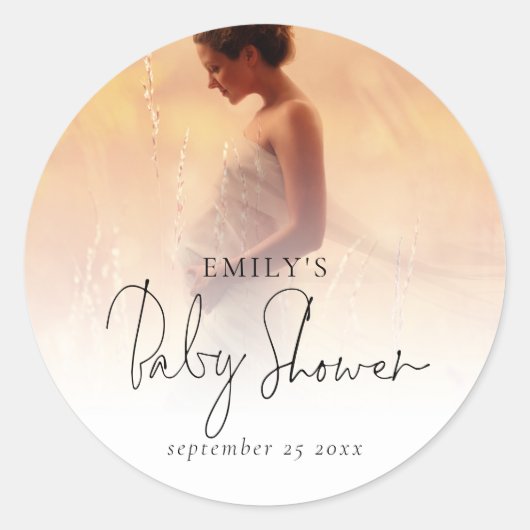 Elegantes Foto Overlay Script Babydusche Runder Aufkleber (Vorderseite)