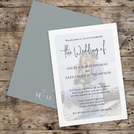Elegantes Foto Overlay Simple Dusty Blue Monogram Einladung
