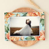 Elegantes Foto Peach Floral Blue Wedding Dankeskarte
