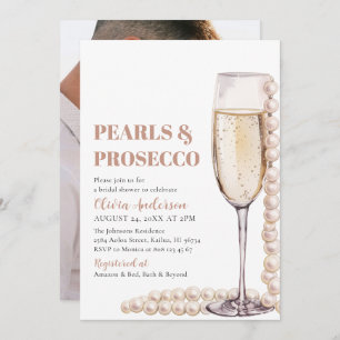 Elegantes Foto Perlen und Prosecco Brautparty Einladung