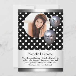 Elegantes Foto Polka Dot Silver Ballon 21. Einladung