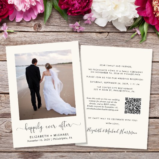 Elegantes Foto QR Code Cream Wedding Reception Einladung