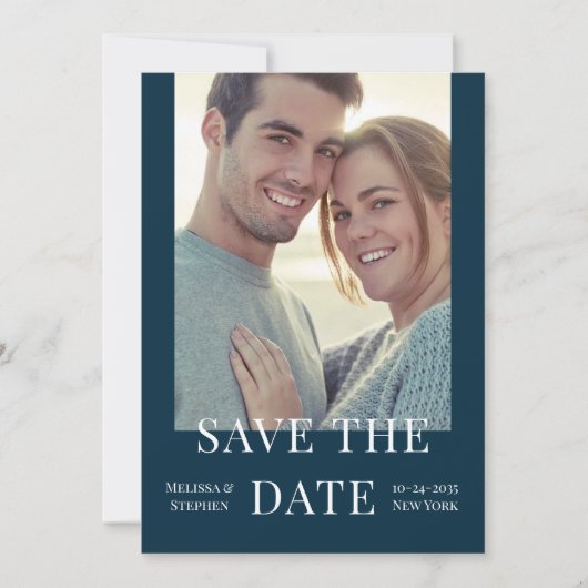 Elegantes Foto QR Code Dunkelblaue Hochzeit Save The Date (Vorderseite)