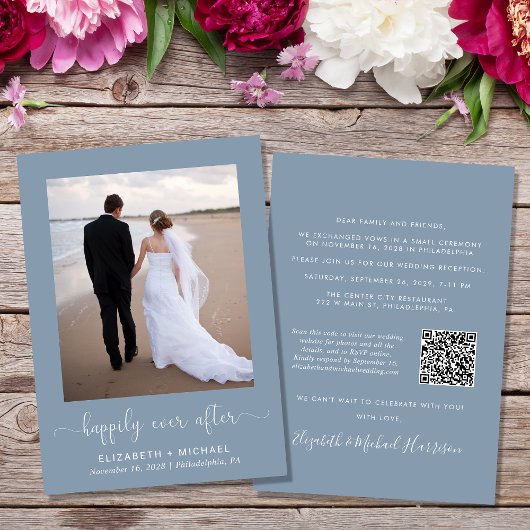 Elegantes Foto QR Code Dusty Blue Wedding Receptio Einladung