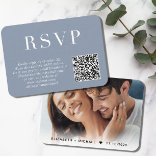 Elegantes Foto QR Code Dusty Blue Wedding RSVP Begleitkarte