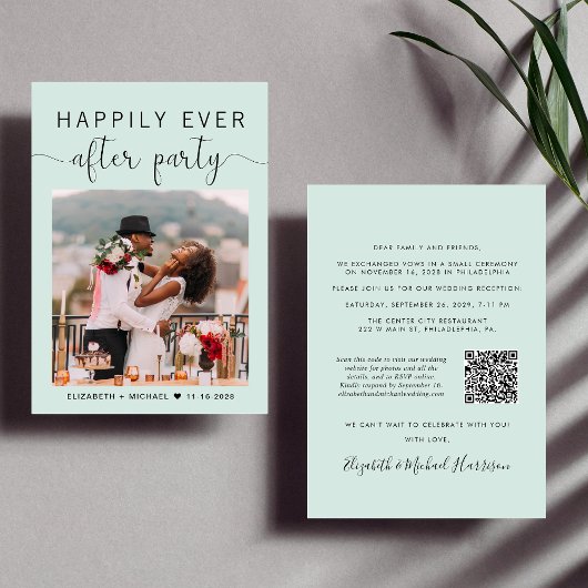 Elegantes Foto QR Code Mint Hochzeitsempfang Einladung