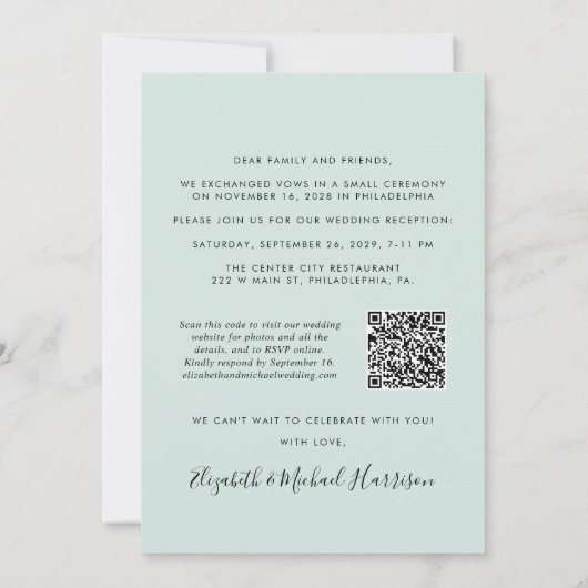 Elegantes Foto QR Code Mint Hochzeitsempfang Einladung (Rückseite)