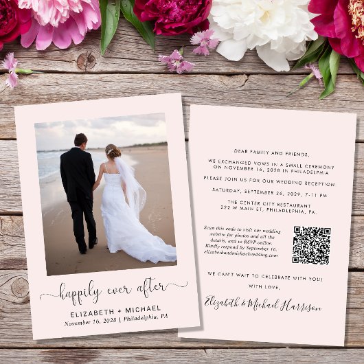 Elegantes Foto QR Code Rosa Hochzeitsempfang Einladung