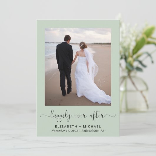 Elegantes Foto QR Code Sage Wedding Reception Einladung (Stehend Vorderseite)