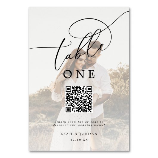 Elegantes Foto QR Code Wedding Menu Tischnummer (Vorderseite)