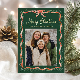 Elegantes Foto Red Ribbon and Greenery 2 Folien Feiertagskarte