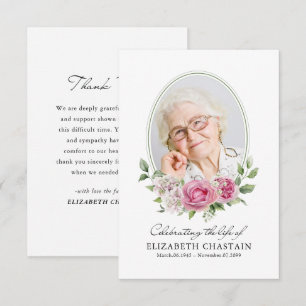 Elegantes Foto Rosa Florales Trauer Gedenkens Dankeskarte