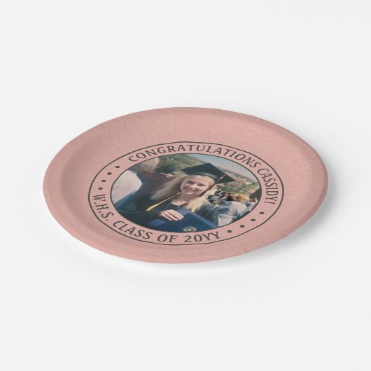 Elegantes Foto Rosa Rose Gold Moderner Abschluss Pappteller (Schrägansicht)