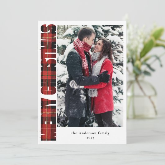 Elegantes Foto Rot Kariert Frohe Weihnachten (Stehend Vorderseite)