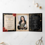 Elegantes Foto Rote Rose Schwarz und Gold Quincean Dreifach Gefaltete Einladung (Innenseite)