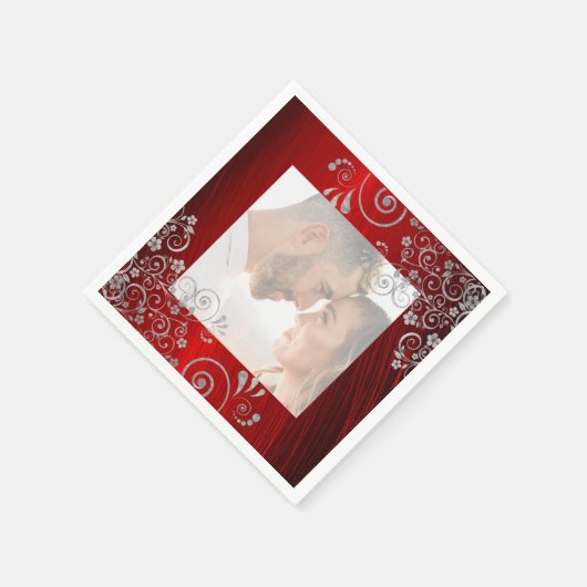 Elegantes Foto Ruby Red Gray Wirbel Wedding Serviette (Ecke)